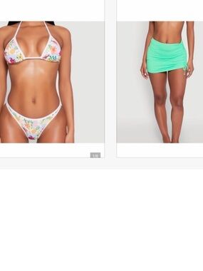 White Floral Triangle Bikini Set with Mint Ruched Skirt Cover-Up
